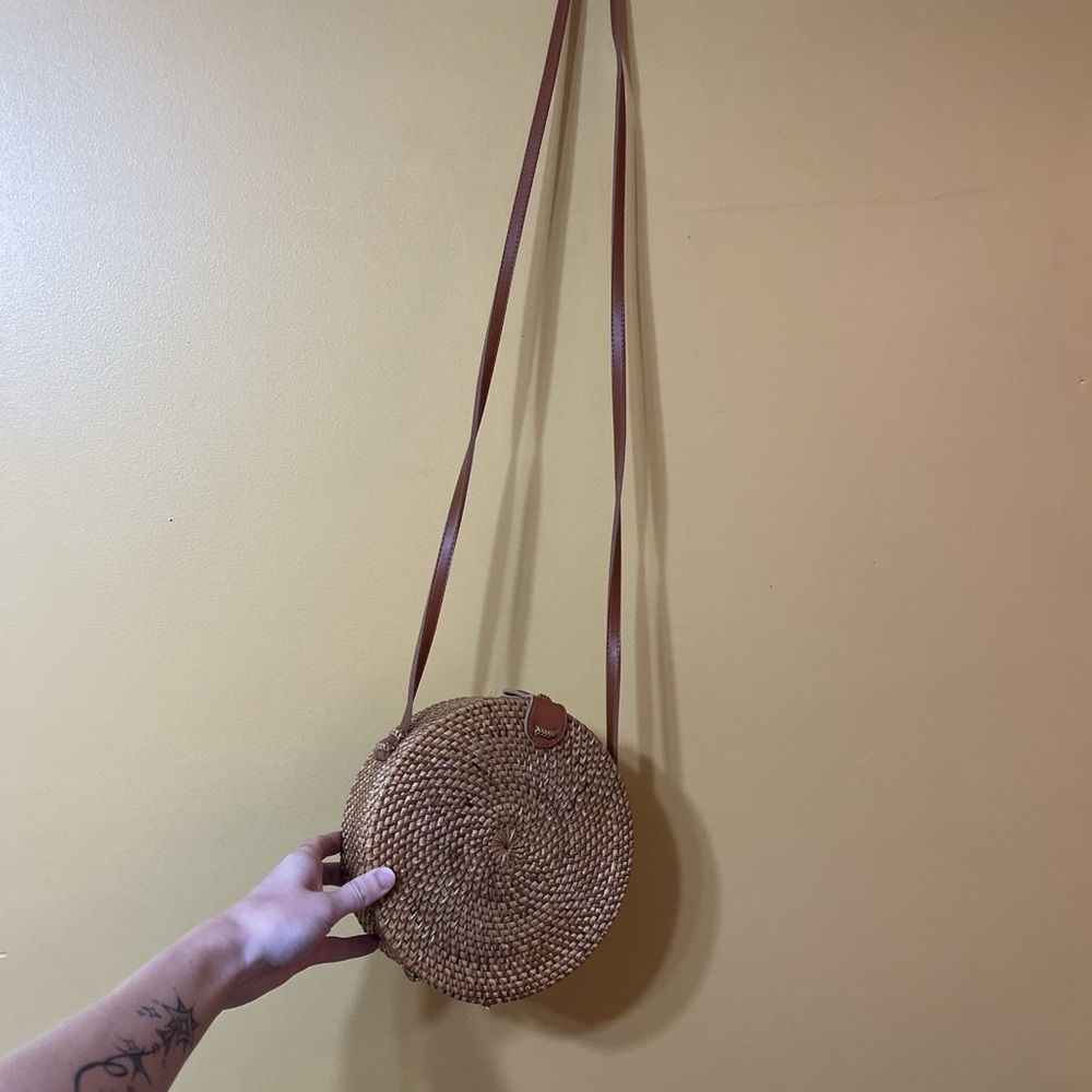 Round Woven Tan Crossbody Bag